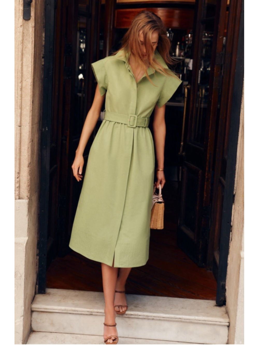 New Tuckernuck Pistachio Green Chloe Midi Dress 3XL Belted Collared Moir Classic - Picture 2 of 14